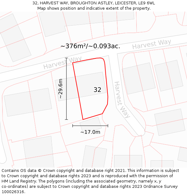 32, HARVEST WAY, BROUGHTON ASTLEY, LEICESTER, LE9 6WL: Plot and title map
