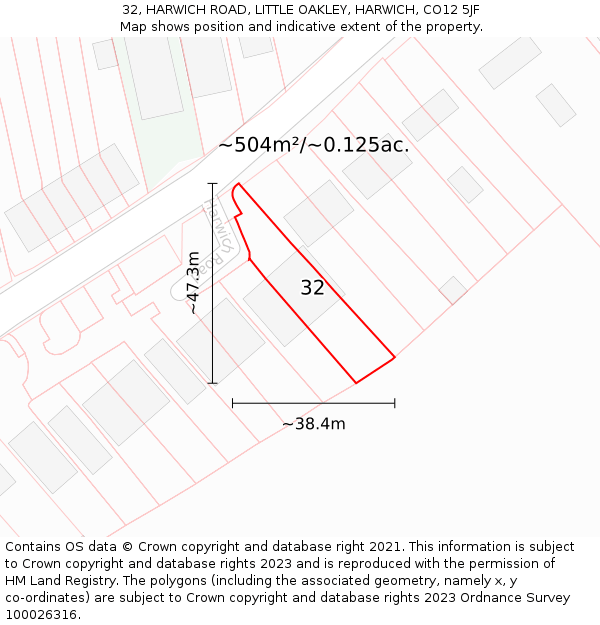 32, HARWICH ROAD, LITTLE OAKLEY, HARWICH, CO12 5JF: Plot and title map