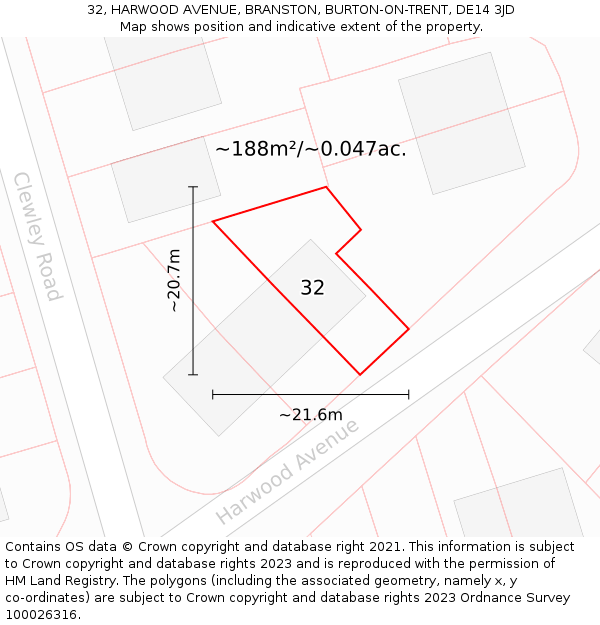 32, HARWOOD AVENUE, BRANSTON, BURTON-ON-TRENT, DE14 3JD: Plot and title map