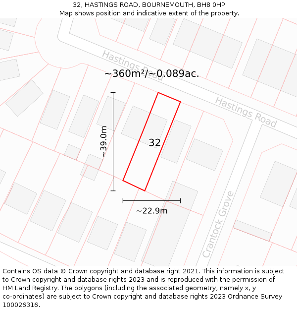 32, HASTINGS ROAD, BOURNEMOUTH, BH8 0HP: Plot and title map