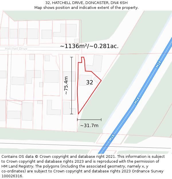 32, HATCHELL DRIVE, DONCASTER, DN4 6SH: Plot and title map