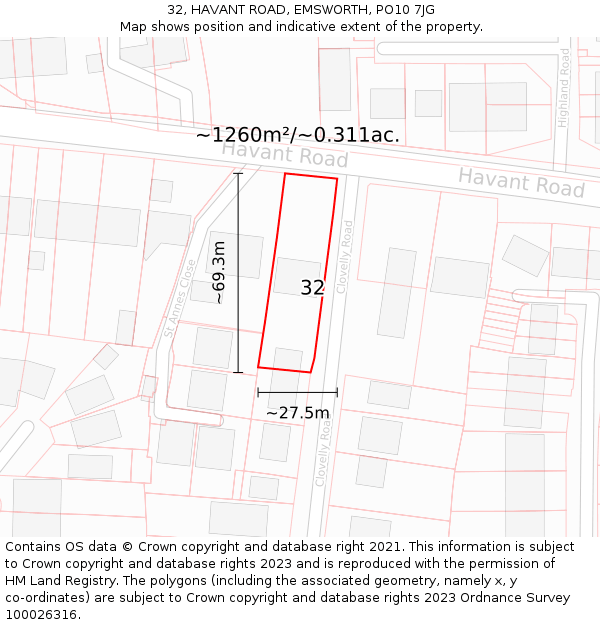 32, HAVANT ROAD, EMSWORTH, PO10 7JG: Plot and title map