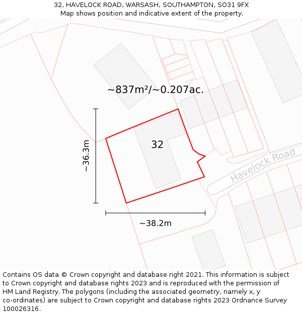 32, HAVELOCK ROAD, WARSASH, SOUTHAMPTON, SO31 9FX: Plot and title map