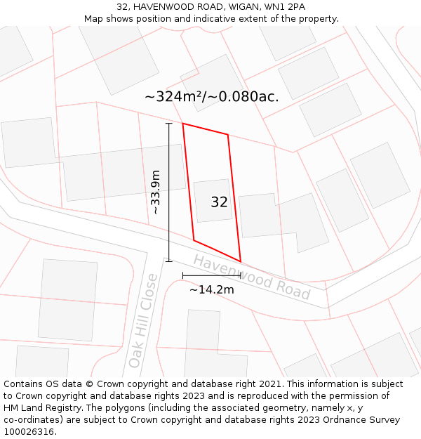 32, HAVENWOOD ROAD, WIGAN, WN1 2PA: Plot and title map