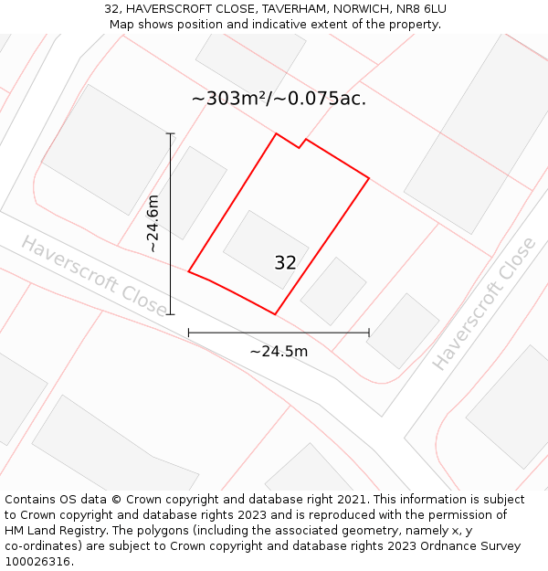 32, HAVERSCROFT CLOSE, TAVERHAM, NORWICH, NR8 6LU: Plot and title map