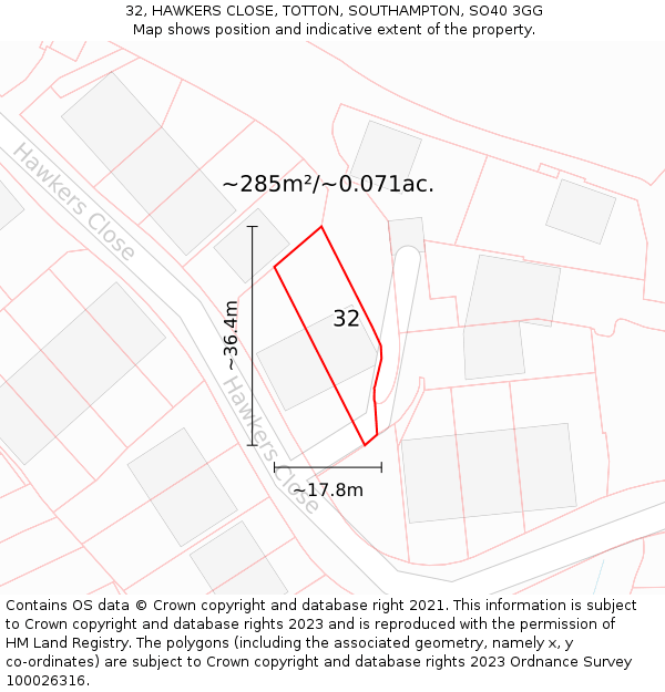 32, HAWKERS CLOSE, TOTTON, SOUTHAMPTON, SO40 3GG: Plot and title map