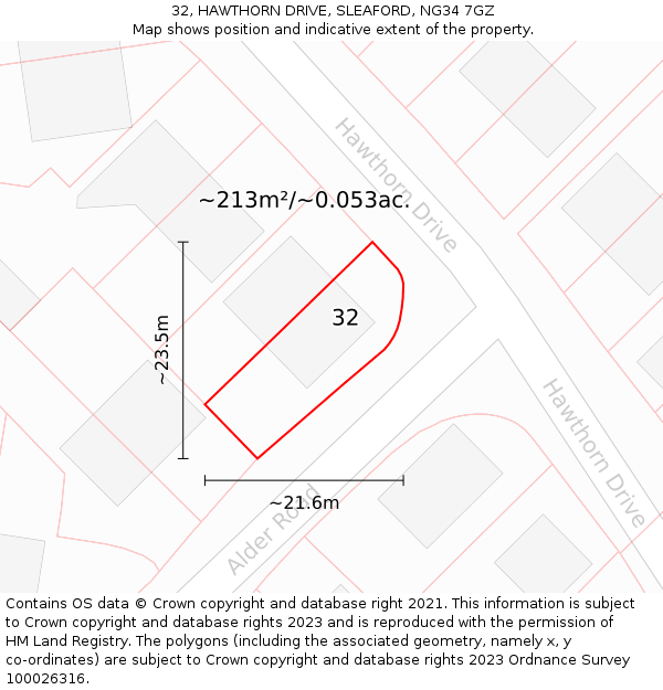 32, HAWTHORN DRIVE, SLEAFORD, NG34 7GZ: Plot and title map