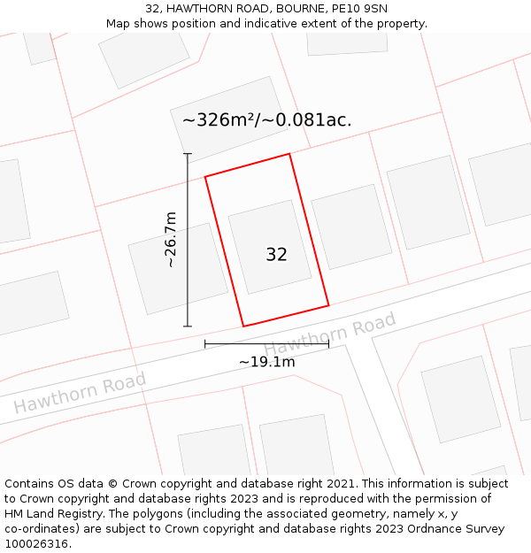 32, HAWTHORN ROAD, BOURNE, PE10 9SN: Plot and title map