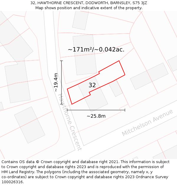 32, HAWTHORNE CRESCENT, DODWORTH, BARNSLEY, S75 3JZ: Plot and title map