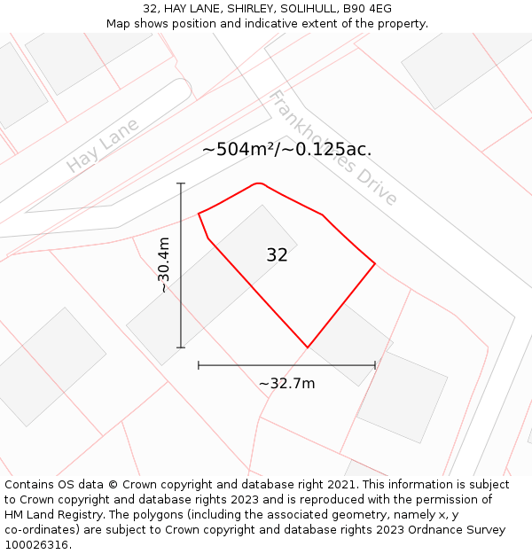 32, HAY LANE, SHIRLEY, SOLIHULL, B90 4EG: Plot and title map