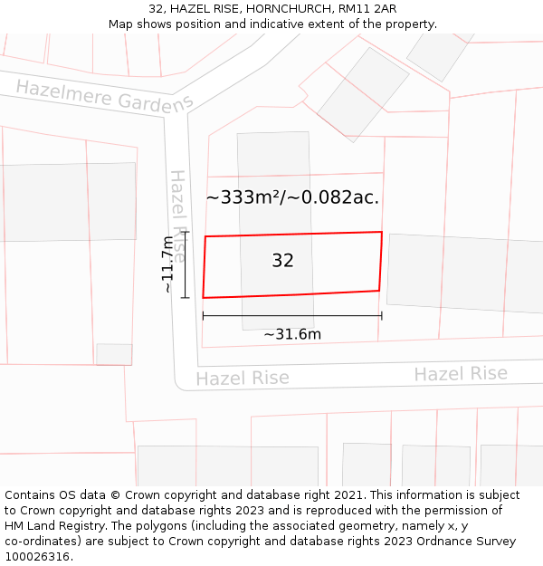 32, HAZEL RISE, HORNCHURCH, RM11 2AR: Plot and title map