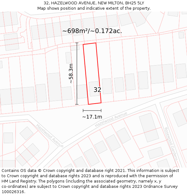 32, HAZELWOOD AVENUE, NEW MILTON, BH25 5LY: Plot and title map