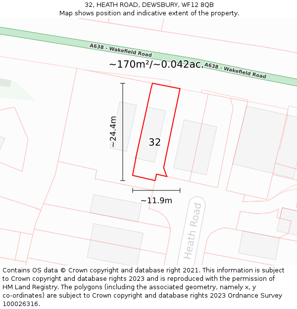 32, HEATH ROAD, DEWSBURY, WF12 8QB: Plot and title map