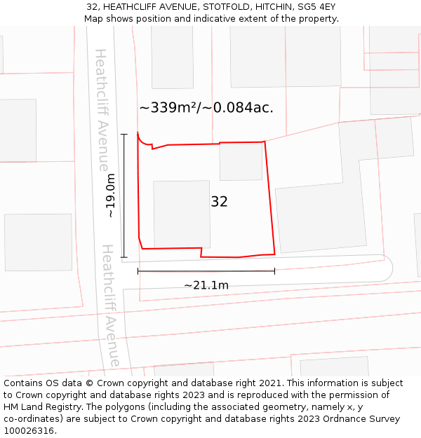 32, HEATHCLIFF AVENUE, STOTFOLD, HITCHIN, SG5 4EY: Plot and title map