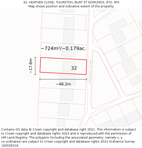 32, HEATHER CLOSE, THURSTON, BURY ST EDMUNDS, IP31 3PX: Plot and title map