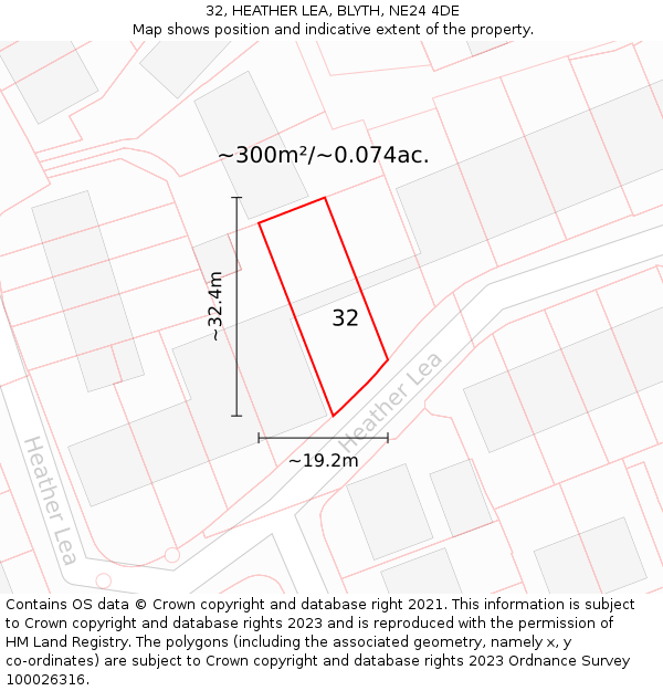32, HEATHER LEA, BLYTH, NE24 4DE: Plot and title map