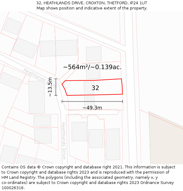 32, HEATHLANDS DRIVE, CROXTON, THETFORD, IP24 1UT: Plot and title map