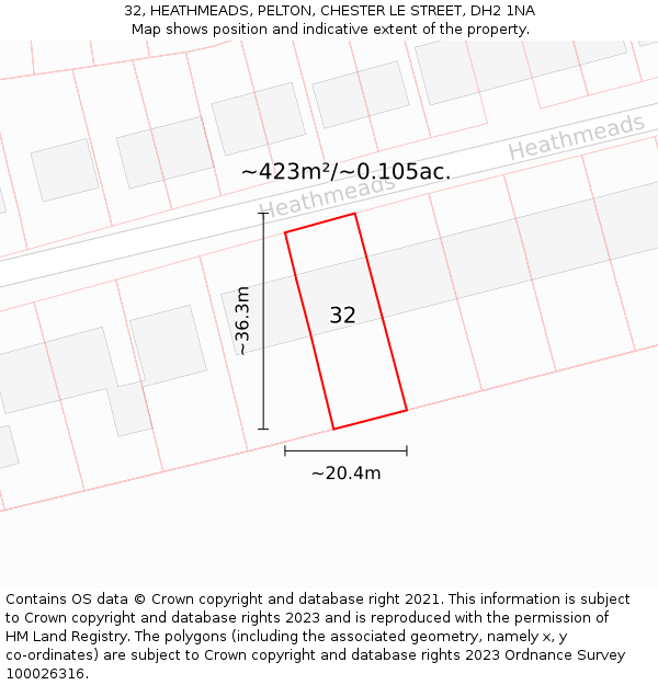 32, HEATHMEADS, PELTON, CHESTER LE STREET, DH2 1NA: Plot and title map