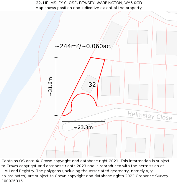 32, HELMSLEY CLOSE, BEWSEY, WARRINGTON, WA5 0GB: Plot and title map