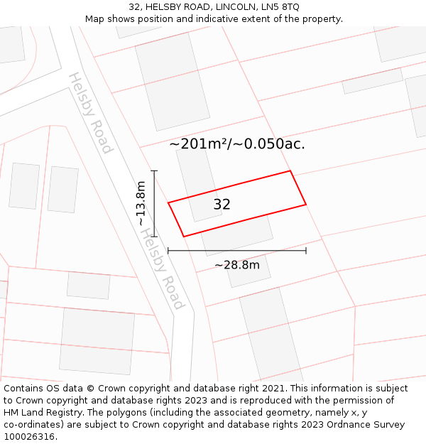 32, HELSBY ROAD, LINCOLN, LN5 8TQ: Plot and title map
