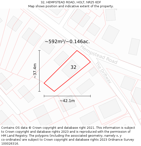 32, HEMPSTEAD ROAD, HOLT, NR25 6DF: Plot and title map