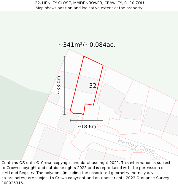 32, HENLEY CLOSE, MAIDENBOWER, CRAWLEY, RH10 7QU: Plot and title map