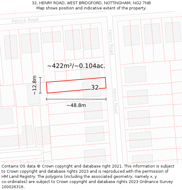 32, HENRY ROAD, WEST BRIDGFORD, NOTTINGHAM, NG2 7NB: Plot and title map