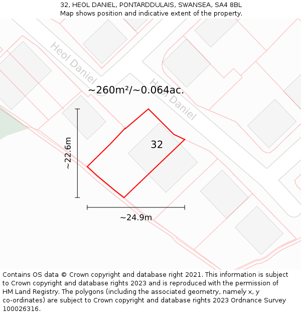 32, HEOL DANIEL, PONTARDDULAIS, SWANSEA, SA4 8BL: Plot and title map