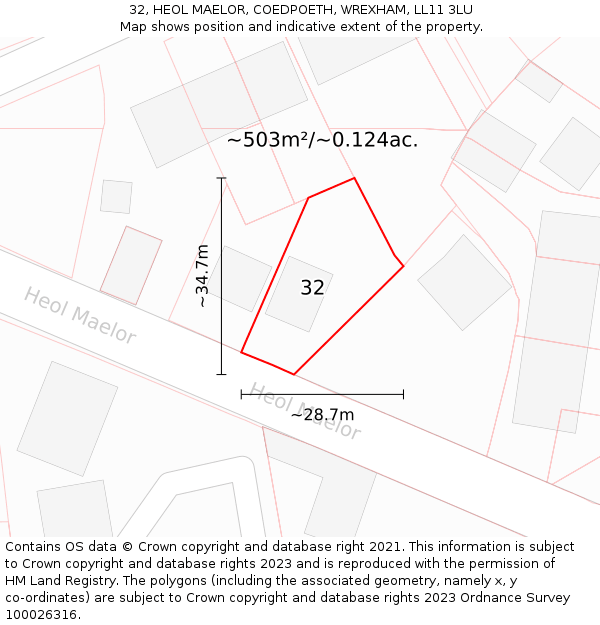 32, HEOL MAELOR, COEDPOETH, WREXHAM, LL11 3LU: Plot and title map