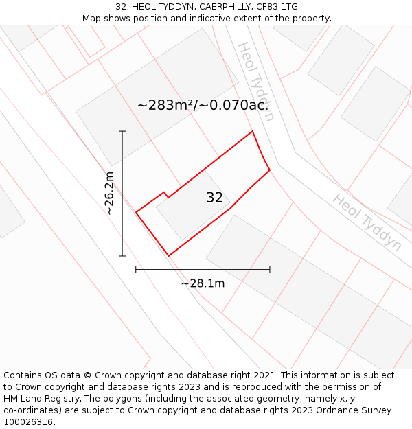 32, HEOL TYDDYN, CAERPHILLY, CF83 1TG: Plot and title map