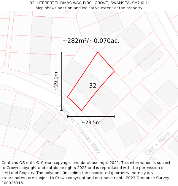 32, HERBERT THOMAS WAY, BIRCHGROVE, SWANSEA, SA7 0HH: Plot and title map