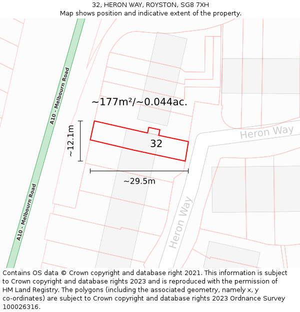 32, HERON WAY, ROYSTON, SG8 7XH: Plot and title map