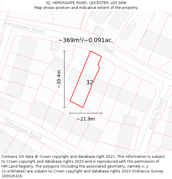 32, HERONGATE ROAD, LEICESTER, LE5 0AW: Plot and title map