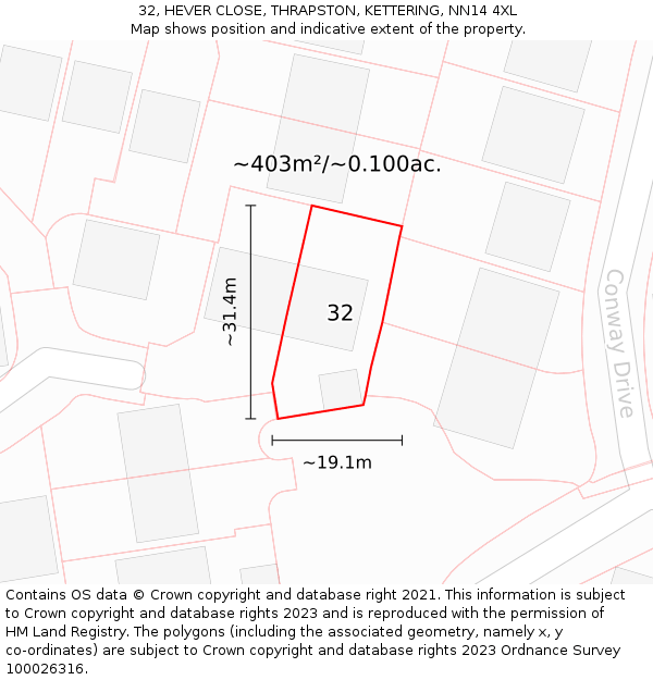 32, HEVER CLOSE, THRAPSTON, KETTERING, NN14 4XL: Plot and title map