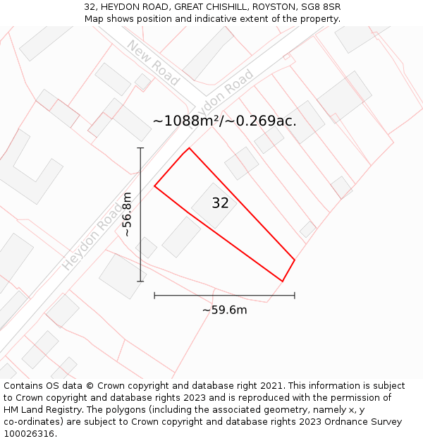 32, HEYDON ROAD, GREAT CHISHILL, ROYSTON, SG8 8SR: Plot and title map