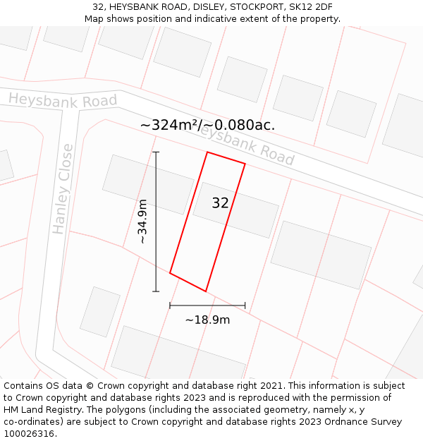 32, HEYSBANK ROAD, DISLEY, STOCKPORT, SK12 2DF: Plot and title map