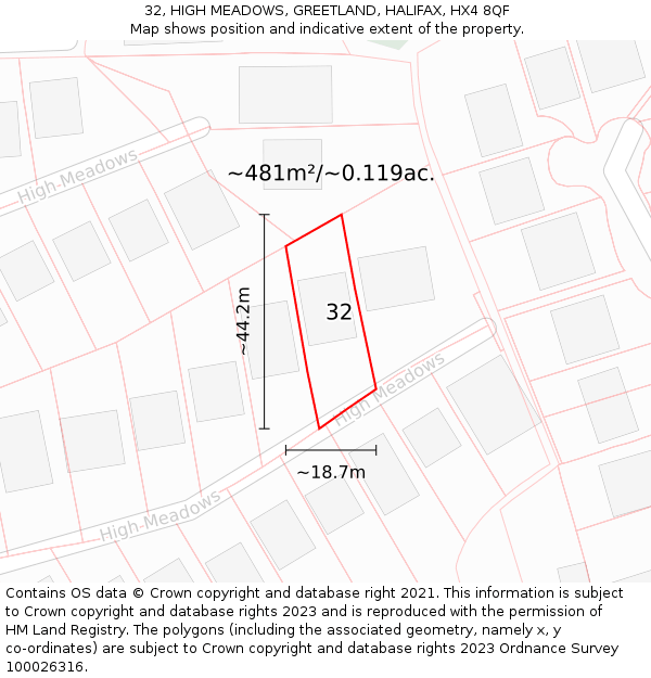 32, HIGH MEADOWS, GREETLAND, HALIFAX, HX4 8QF: Plot and title map