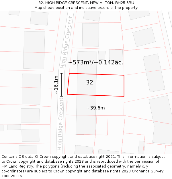 32, HIGH RIDGE CRESCENT, NEW MILTON, BH25 5BU: Plot and title map