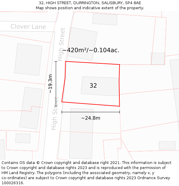 32, HIGH STREET, DURRINGTON, SALISBURY, SP4 8AE: Plot and title map