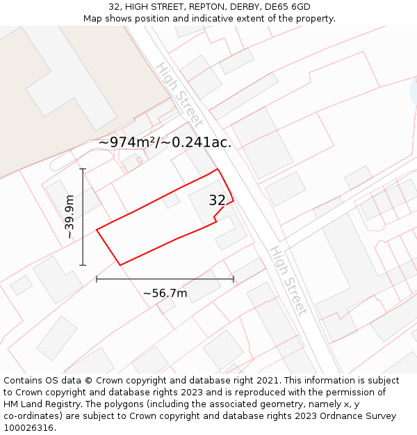 32, HIGH STREET, REPTON, DERBY, DE65 6GD: Plot and title map