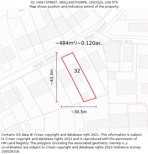 32, HIGH STREET, SKELLINGTHORPE, LINCOLN, LN6 5TS: Plot and title map