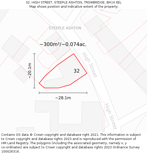 32, HIGH STREET, STEEPLE ASHTON, TROWBRIDGE, BA14 6EL: Plot and title map