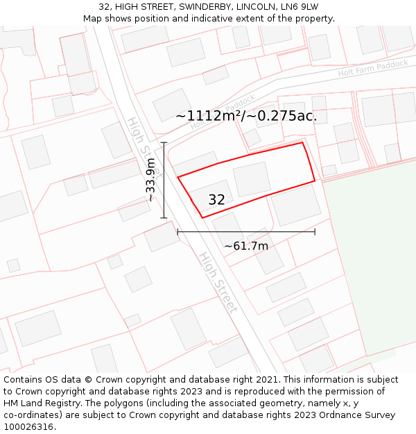 32, HIGH STREET, SWINDERBY, LINCOLN, LN6 9LW: Plot and title map