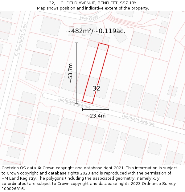 32, HIGHFIELD AVENUE, BENFLEET, SS7 1RY: Plot and title map