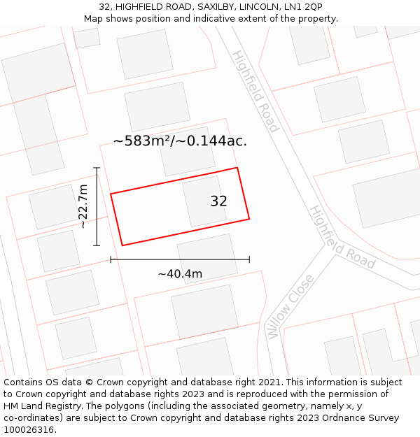 32, HIGHFIELD ROAD, SAXILBY, LINCOLN, LN1 2QP: Plot and title map