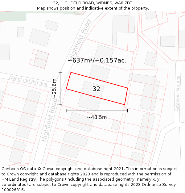 32, HIGHFIELD ROAD, WIDNES, WA8 7DT: Plot and title map