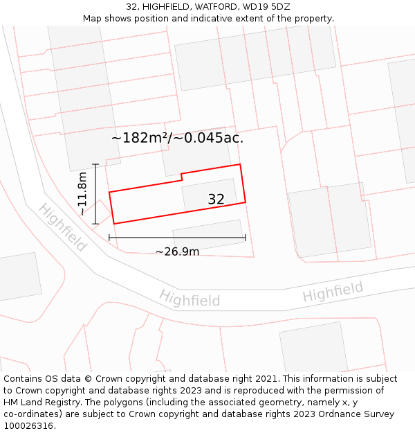 32, HIGHFIELD, WATFORD, WD19 5DZ: Plot and title map