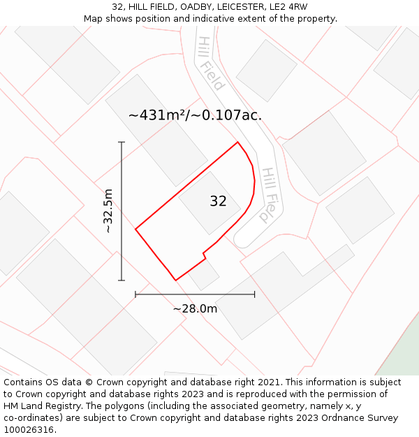 32, HILL FIELD, OADBY, LEICESTER, LE2 4RW: Plot and title map