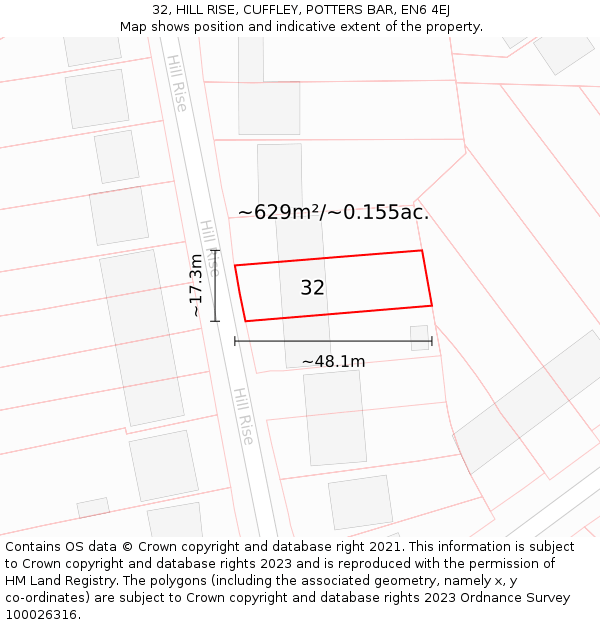 32, HILL RISE, CUFFLEY, POTTERS BAR, EN6 4EJ: Plot and title map