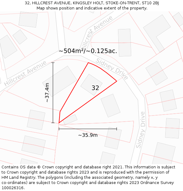 32, HILLCREST AVENUE, KINGSLEY HOLT, STOKE-ON-TRENT, ST10 2BJ: Plot and title map